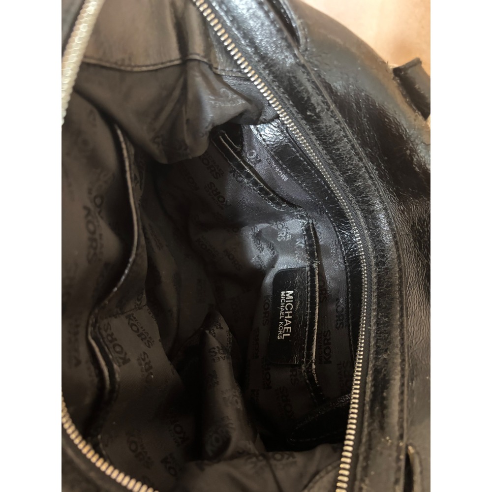 Michael Kors Black Leather Satchel Bag Silver Tone Hardware MK‎ Logo Handbag - Picture 8 of 8